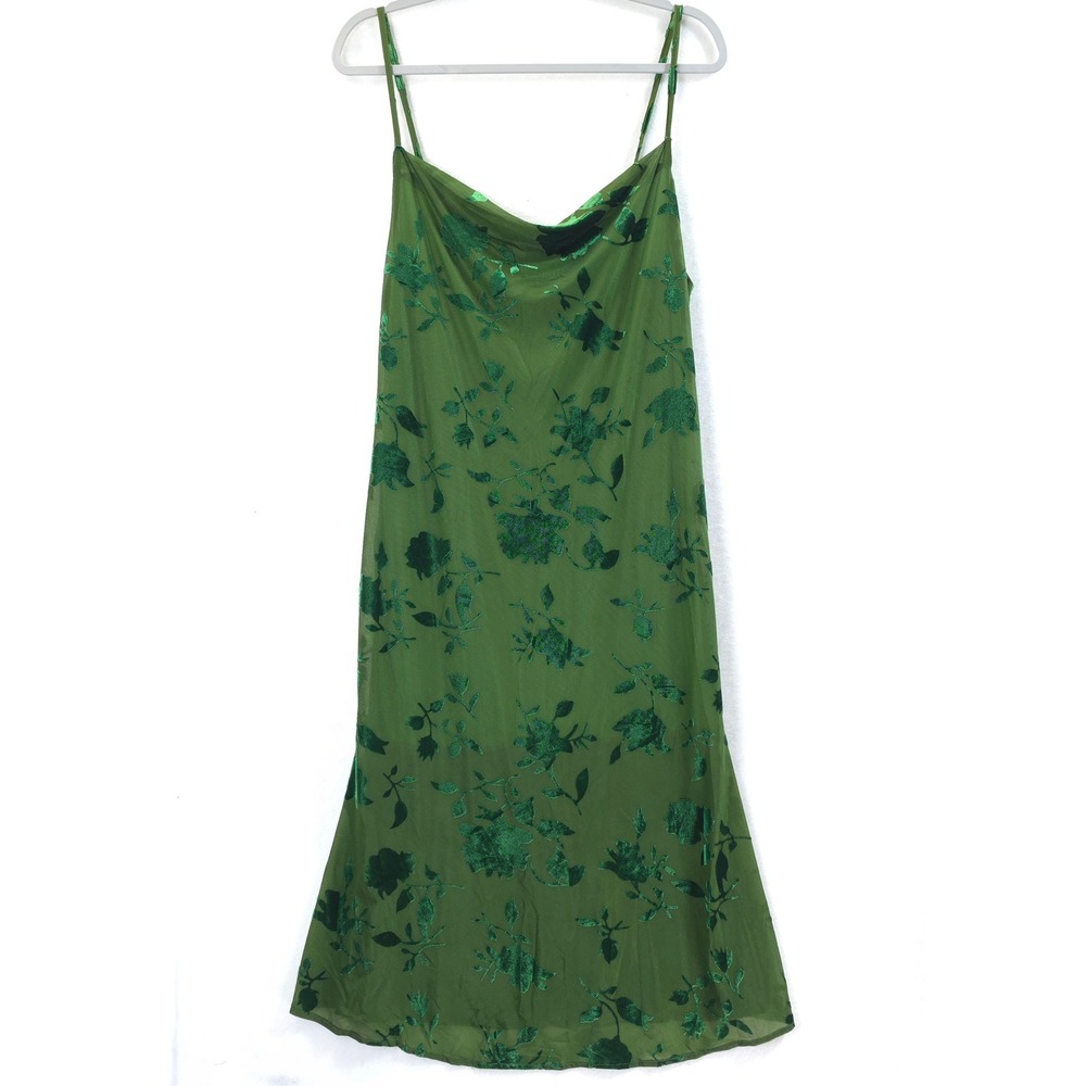 Floral Green Velvet Burnout Midi Strap Dress Women XL Whimsigoth Fairycore - Picture 2 of 12